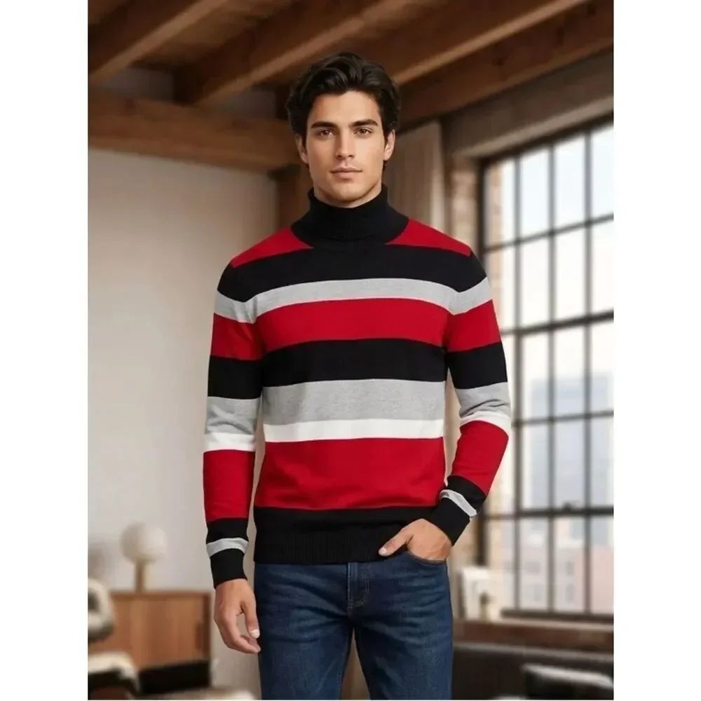 Take 50% OFF-Joseph A. Men's Striped Turtleneck Sweater-Red, Black & Gray, Sz-XL